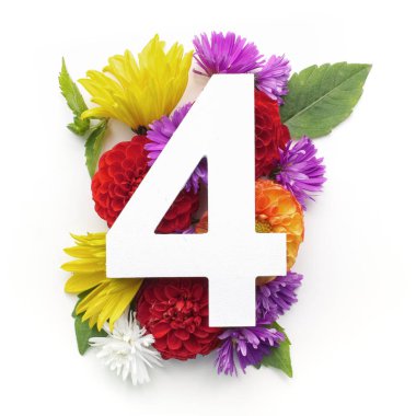 Renkli çiçekler, yapraklar ve numarası ile düzeni. Düz yatıyordu. Üstten Görünüm.