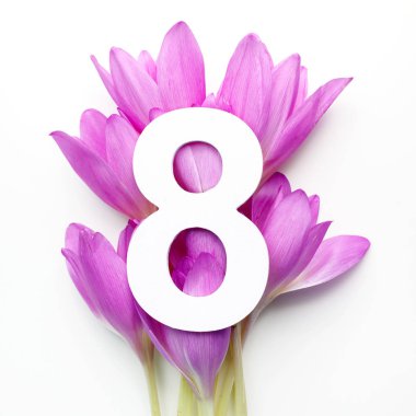 Düzen renkli çiçekler, yapraklar ve numara etmek. Düz yatıyordu. Üstten Görünüm.