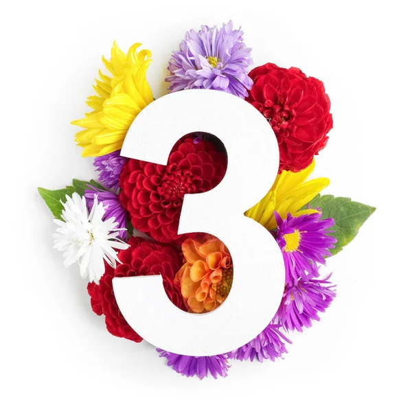 Düzen renkli çiçekler, yapraklar ve üç numara. Düz yatıyordu. Üstten Görünüm.