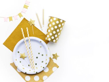 Altın dekorasyon ve metin için boş alan ile parti arka plan. Düz yatıyordu. Üstten Görünüm