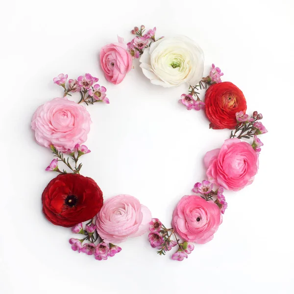 Cornice rotonda floreale con fiori di ranuncolo, posa piatta, vista dall'alto con spazio copia — Foto Stock