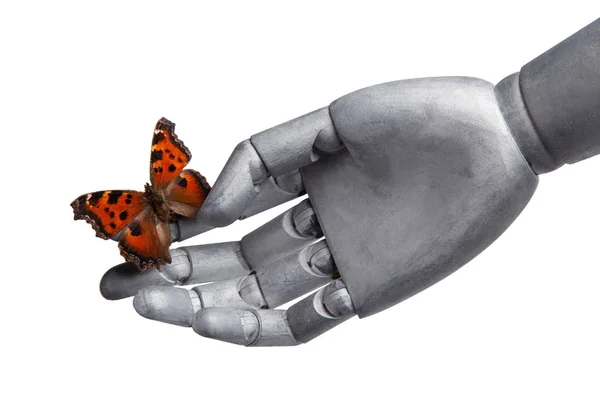 The butterfly on a hand of the robot isolated on white — Stock Photo, Image