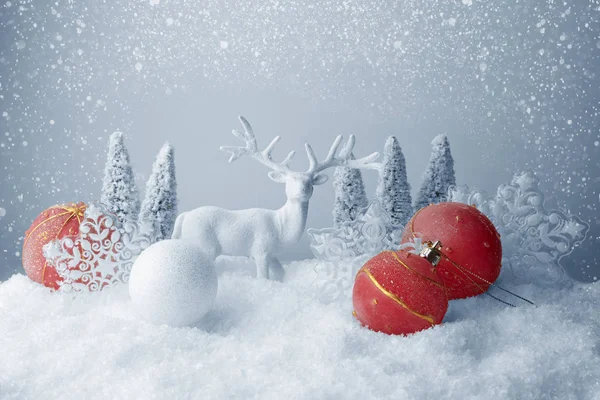 Christmas red balls, trees, deer and snowflake on abstract background — Stock Photo, Image