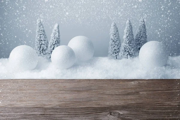 Wooden old table with frost white christmas decoration on background — Stock Photo, Image