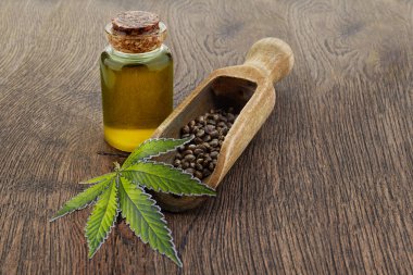 Tahta kaşıkta kenevir tohumu, cam kavanozda yağ, ahşap zeminde yeşil yaprak kenevir.