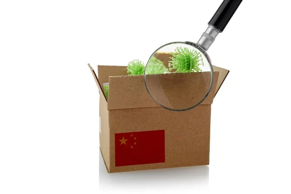 Coronavirus infected parcels from China. Green bacteria cells in boxes. Wuhan flu affecting international postal. — Stock Photo, Image