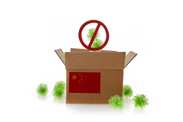 Coronavirus infected parcels from China. Green bacteria cells in boxes. Wuhan flu affecting international postal. — Stock Photo, Image