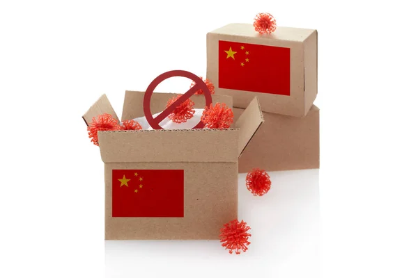 Coronavirus infected parcels from China. Red bacteria cells in boxes. Wuhan flu affecting international postal. — Stock Photo, Image