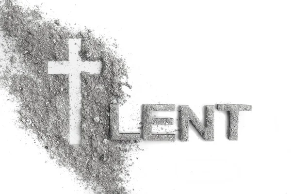 Lent word written in ash, dust as fast and abstinence period concept. Top view — 스톡 사진