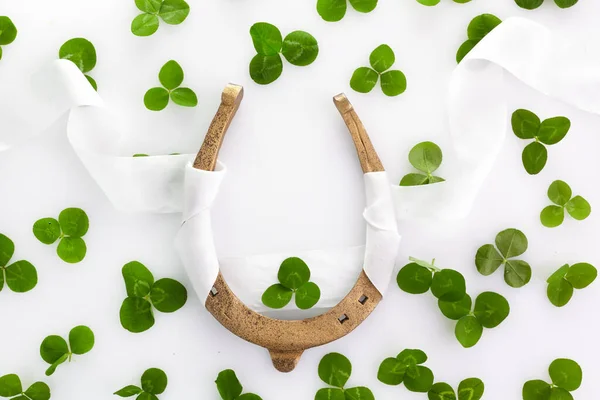 Success symbol. Holiday concept. Horseshoe with clovers leaves isolated on white. Greeting card. — Stockfoto