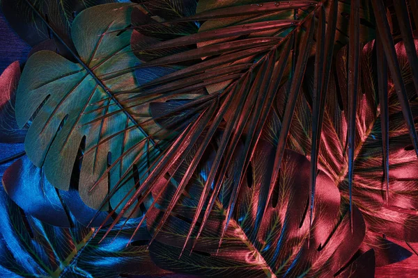 Neon-Dschungel, elektrisches tropisches Glitch-Sommermuster. flach lag. Ansicht von oben — Stockfoto