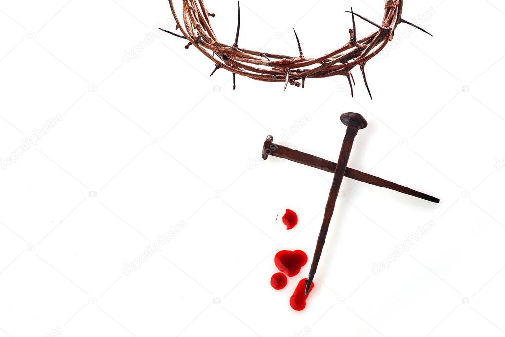 Crown of thorns with nails on white background. Easter background. Jesus Christ.