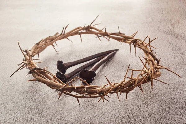 Jesus Christ Crown of thorns with three nails. Religion background. Easter symbol. Crucifixion Of Jesus Christ. — Stock Photo, Image