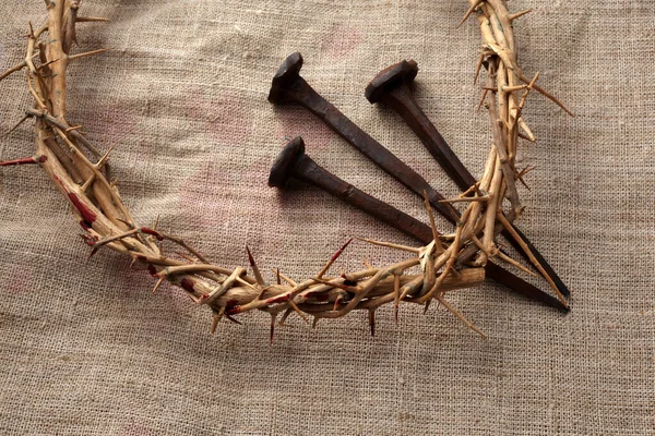 Jesus Christ Crown of thorns with three nails. Religion background. Easter symbol. Crucifixion Of Jesus Christ.