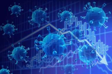 Mavi borsa grafik koronalı 3D illüstrasyon. Koronavirüs salgını. Dijital. Salgın hastalık konsepti.