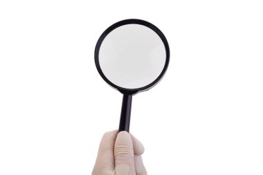 Lupe 'nin elleri beyazda izole. Kadın bir doktor. Camı büyüt..