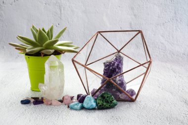 Gemstones minerals and home plant for relaxsation and meditation. Magic rock crystals. Home decoration. Life balance.
