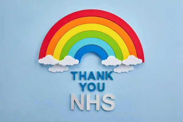 Thank you nhs rainbow banner. Rainbow ob blue background with letters