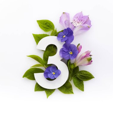 Renkli çiçekli yaratıcı bir düzen ve üç numara. Düz yatıyordu. Üst görünüm.