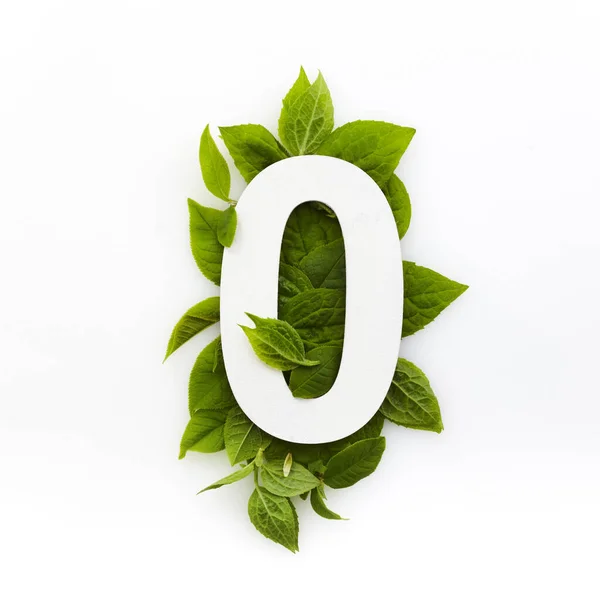 Number zero with green leaves. Minimal summer concept. Flat lay. — Stock Photo, Image