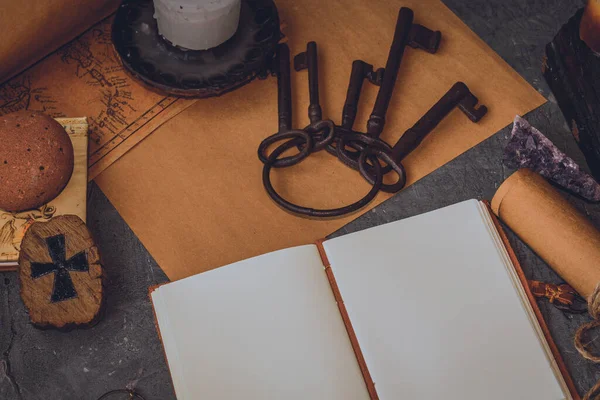 old keys and symbols in wood and with little natural light