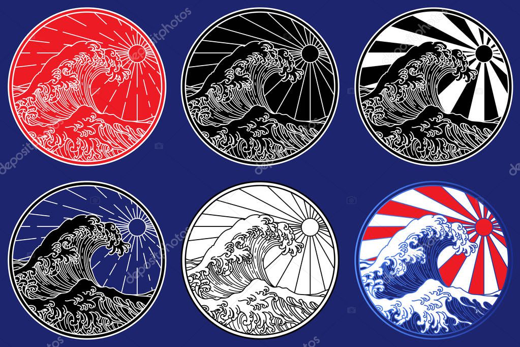 Ocean wave line art illustration. Blue print and indigo color. - Vector.