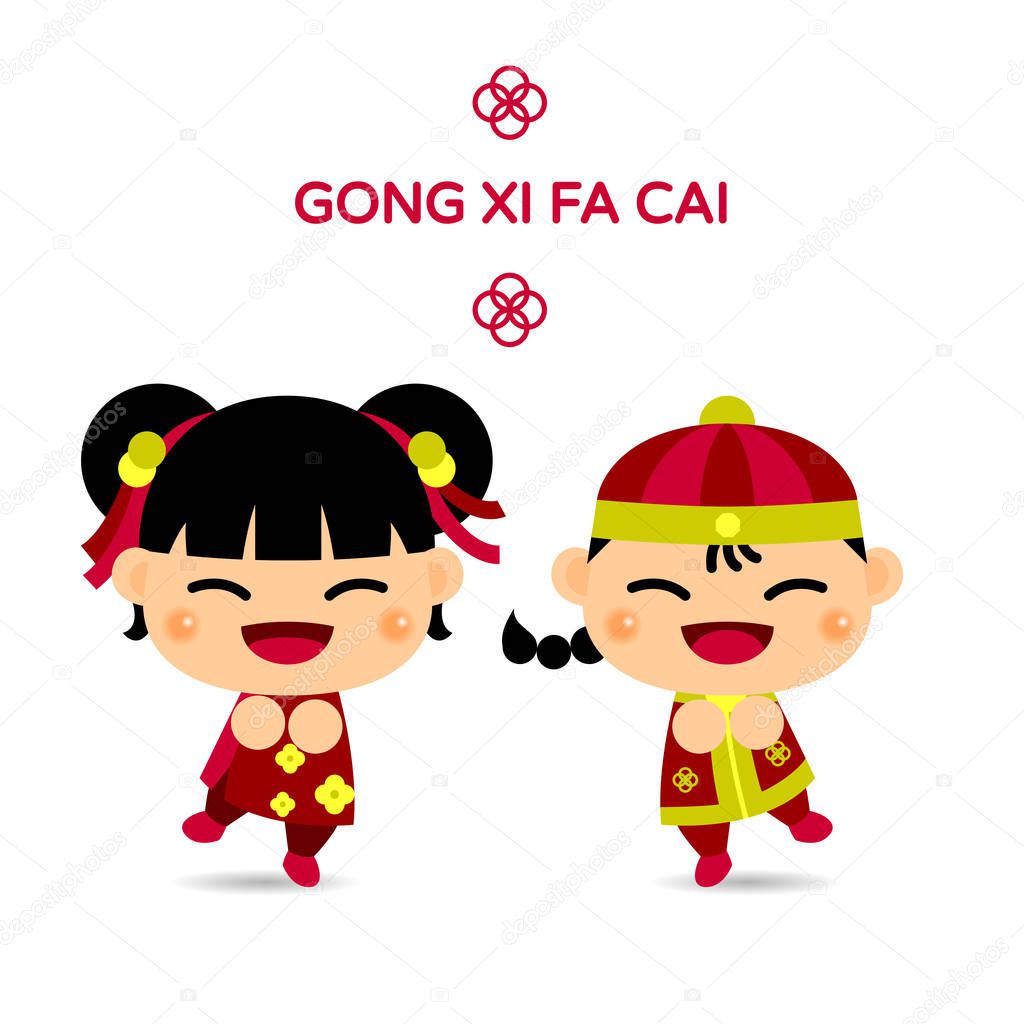 Chinese boy and Chinese girl cartoon smiling and happy face. the