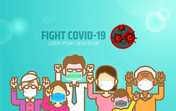 Covid-19 'a karşı aile gücü, Coronavirus düz tasarım illüstrasyonu. Korunmak için maske takan güçlü ve uyumlu bir ebeveyn. Umutlu eller havaya. Zafer işaretlerini birlikte gösterin..