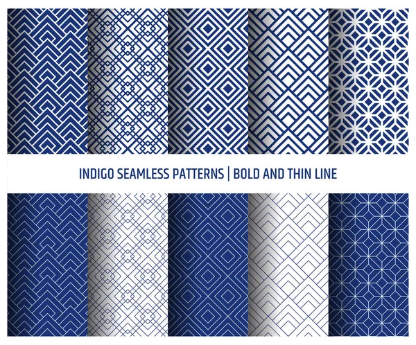 インディゴシームレスパターン 太字と細い線 日本のサシコにインスパイアされた青と白の背景装飾 — ストックベクタ