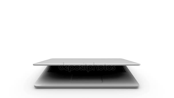 Modern laptop appear from far away, isolated on white background. — Stock Video