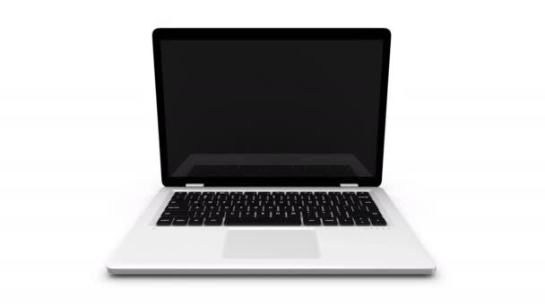Moderní notebook objevuje ze strany, izolované na bílém pozadí. — Stock video