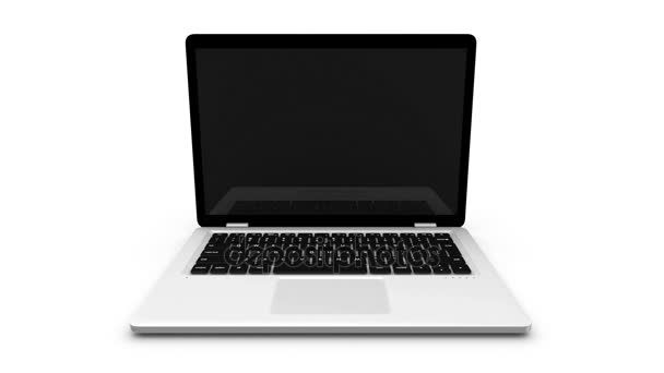 Moderner Laptop, der von der Seite erscheint, isoliert auf weißem Hintergrund. Animation mit grünem Bildschirm und Alphakanal. — Stockvideo