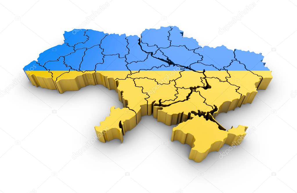 Map of Ukraine with flag and shadow on white background.