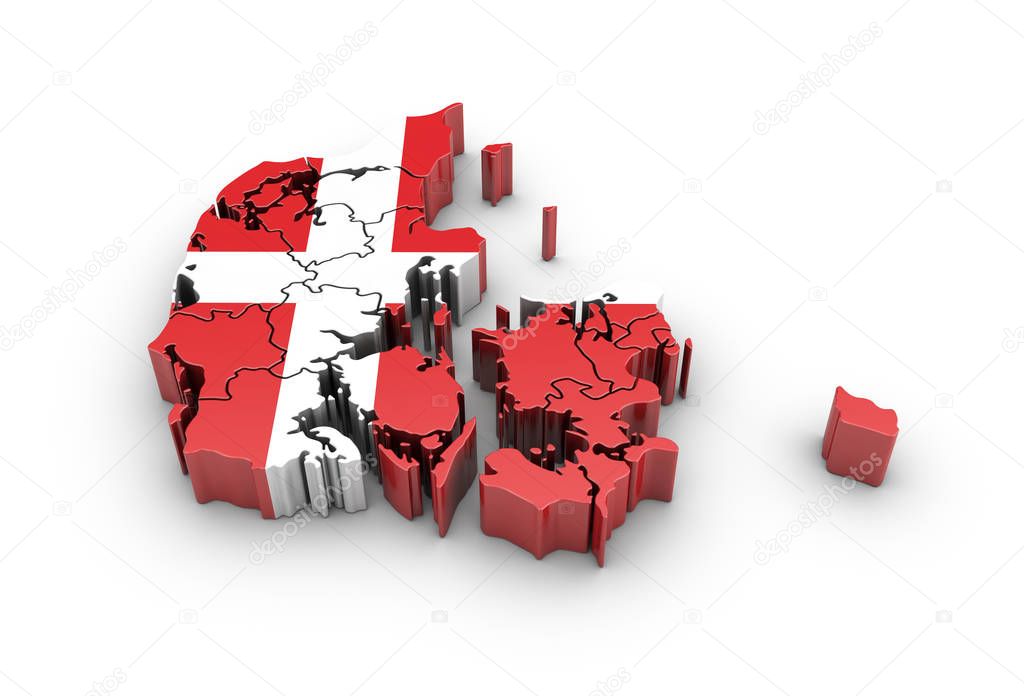 Map of Denmark with flag and shadow on white background. 3D rend