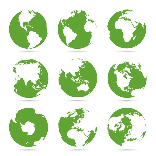 Globes图标集合。 绿色的地球 有大陆的地球 — 图库矢量图片