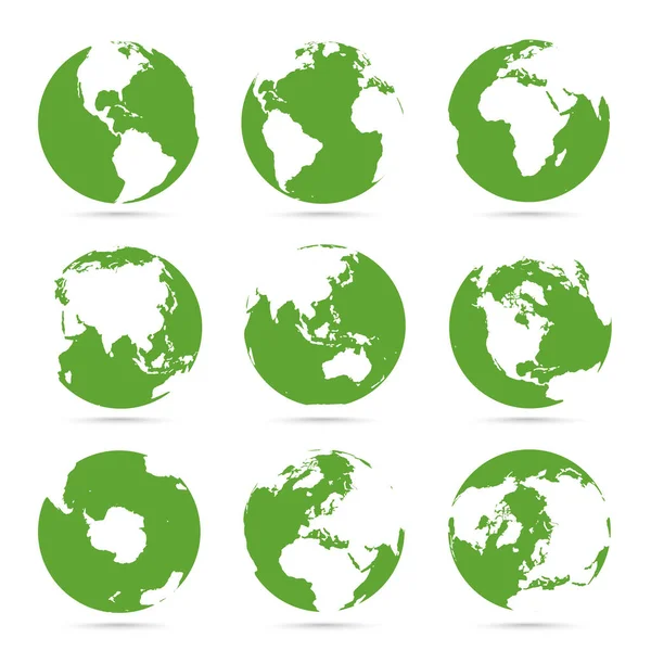 Globes icoon collectie. Groene wereldbol. Planeet met continenten — Stockvector