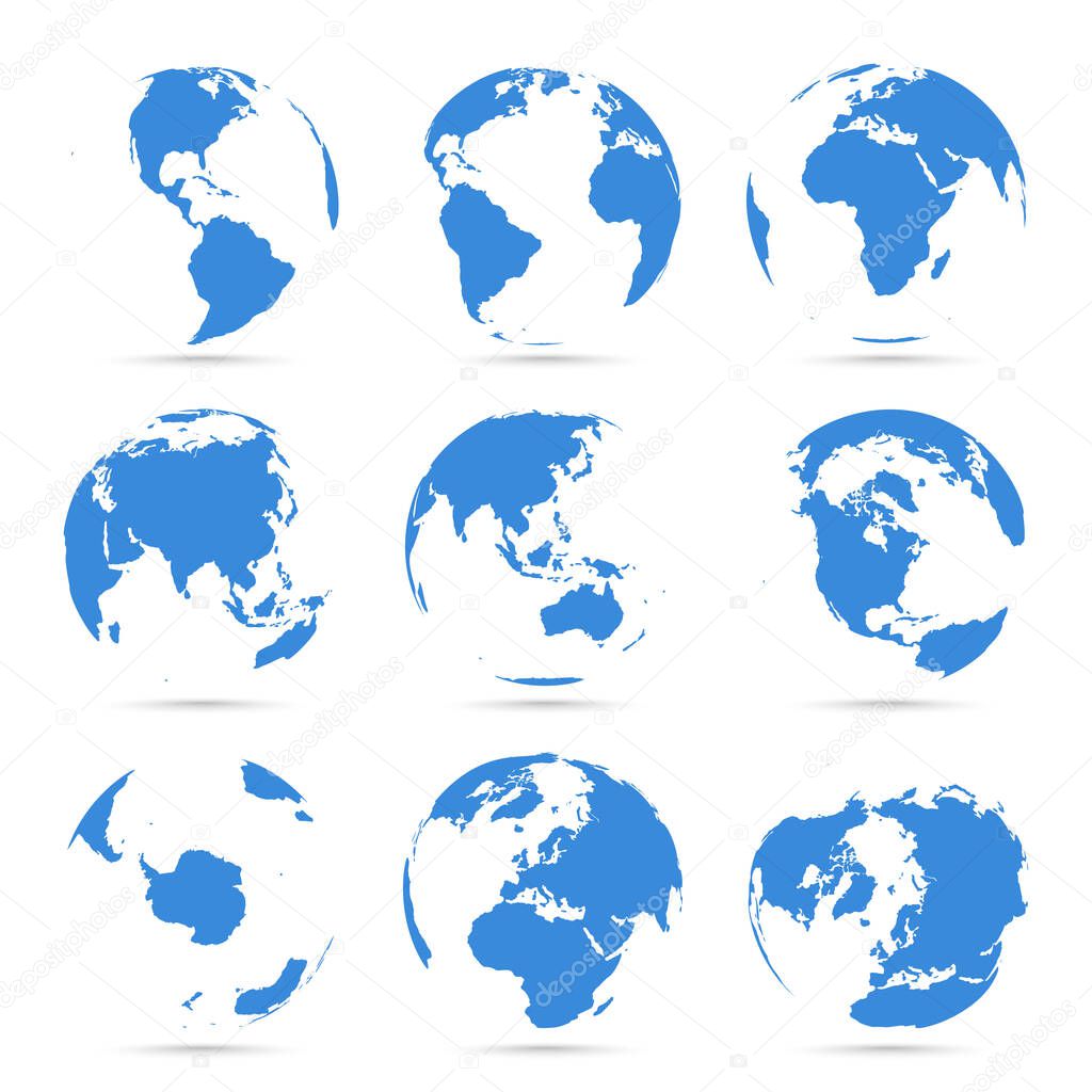 Globes icon collection. Blue globe. Planet with continents