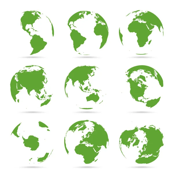 Globes图标集合。 绿色的地球 有大陆的地球 — 图库矢量图片
