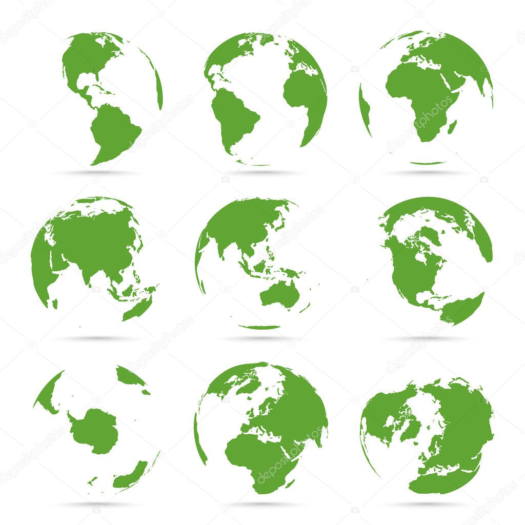 Globes icon collection. Green globe. Planet with continents