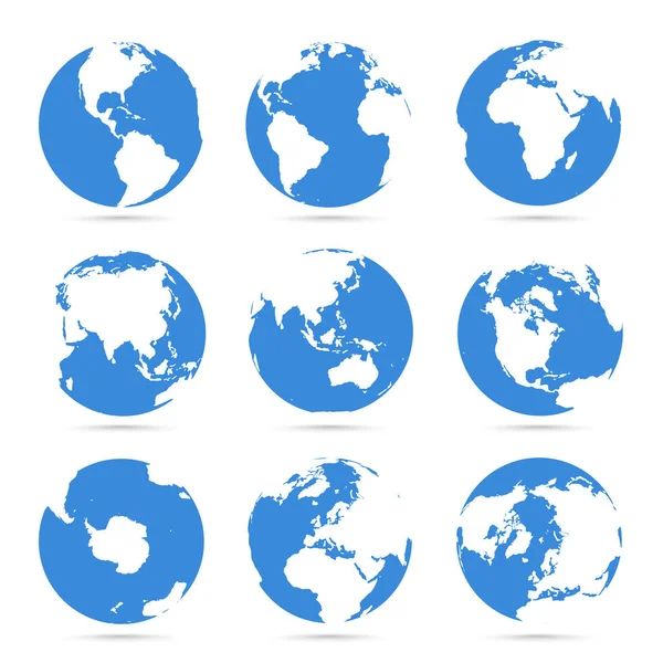 Globensymbolsammlung. Blauer Globus. Planet mit Kontinenten — Stockvektor