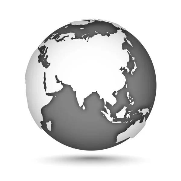 白色的球状图标为灰色，有平滑的矢量阴影和世界各大洲的地图。 白色的大陆和灰色的水 欧洲、亚洲、大洋洲. — 图库矢量图片