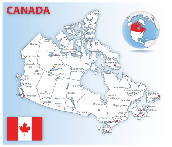 Mapa detallado de Canadá divisiones administrativas con bandera del país y ubicación en el mundo . — Vector de stock