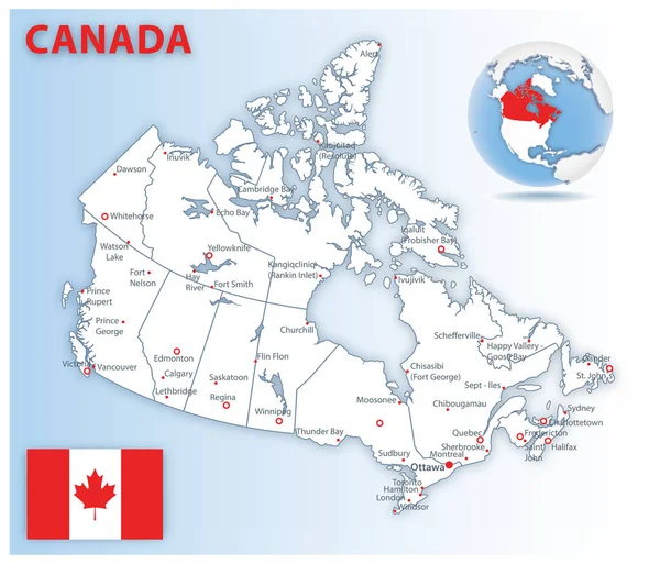 Szczegółowa mapa Kanady oddziały administracyjne z flagą kraju i lokalizacji na świecie. — Wektor stockowy