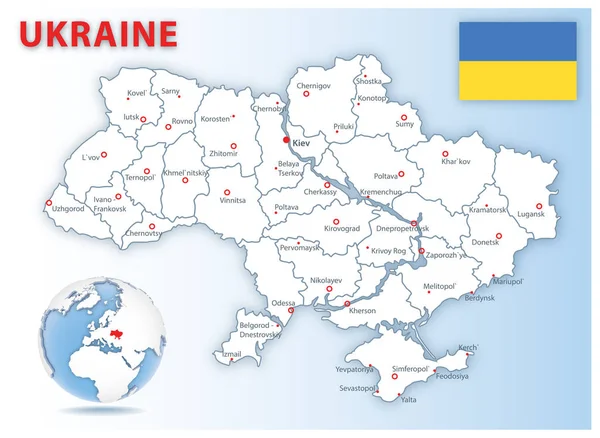Podrobná mapa ukrajinských správních divizí s vlajkou země a lokací na zeměkouli. — Stockový vektor
