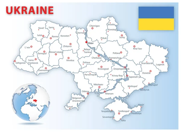 Ukrayna idari bölümlerinin ülke bayrağı ve dünya üzerindeki konumuyla ilgili ayrıntılı haritası.