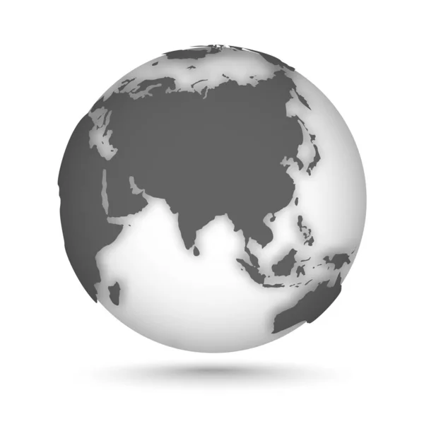 Globe icon gri pe alb, cu umbra vectoriala neteda si harta continentelor lumii. Europa, Asia, Oceania . — Vector de stoc