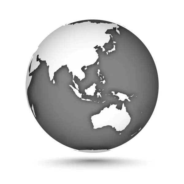 Globo icono gris sobre blanco con sombra vectorial suave y mapa de los continentes del mundo. Europa, Asia, Oceanía, Australia. Continente blanco y aguas grises . — Archivo Imágenes Vectoriales