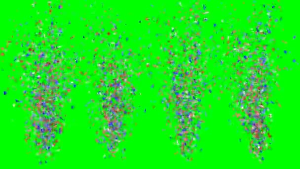 Explosiones de confeti festivo azul, rojo y blanco cayendo sobre un fondo verde. Movimiento lento — Vídeos de Stock