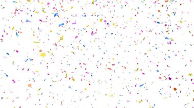 Çoklu renkli konfeti soyut bir arka plan. Düşen bir sürü parça var. Beyaz arka planda izole edilmiş. Tasarım için neşeli dekoratif süsleme ögesi.