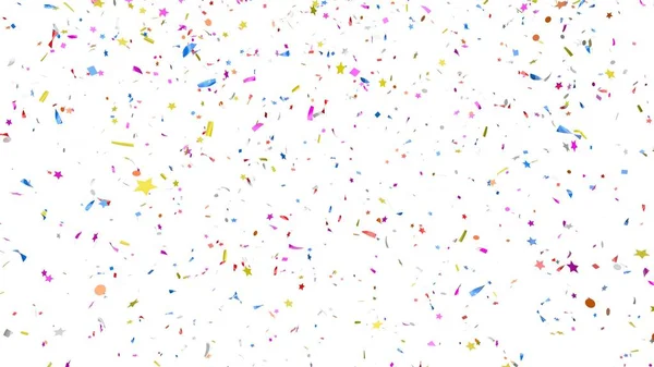 Multicolor confetti abstracte achtergrond met veel vallende stukken, geïsoleerd op een witte achtergrond. Feestelijke decoratieve tinsel voor design. — Stockfoto